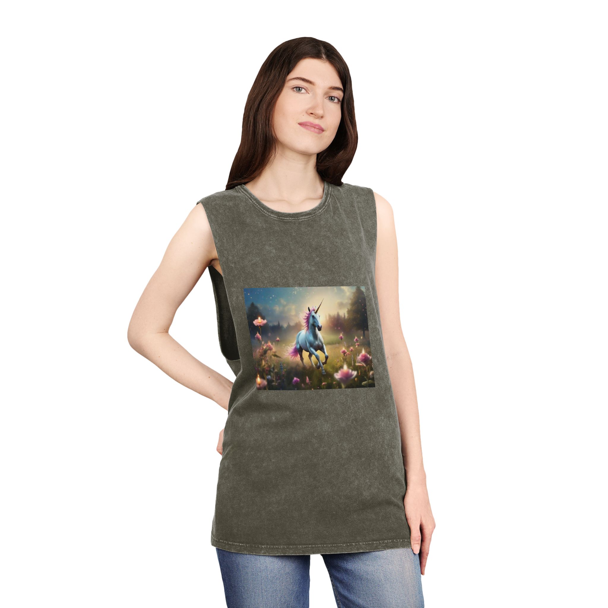 Beautiful Unicorn Running Magical Meadow Unicorn Background Images Whimsical Unicorn (19) Unisex Stonewash Tank Top - Image 8