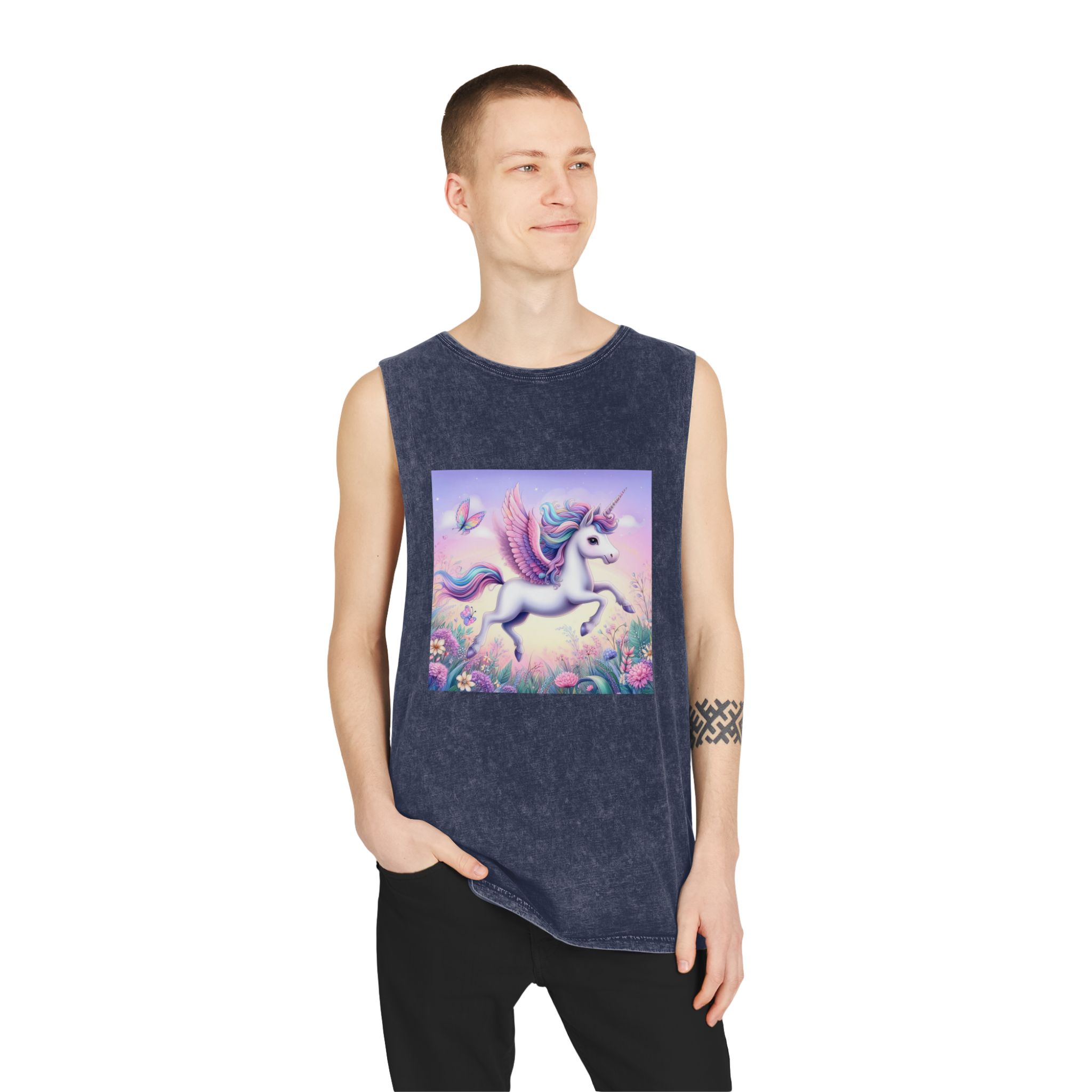 Beautiful Unicorn Running Magical Meadow Unicorn Background Images Whimsical Unicorn (1) Unisex Stonewash Tank Top - Image 15