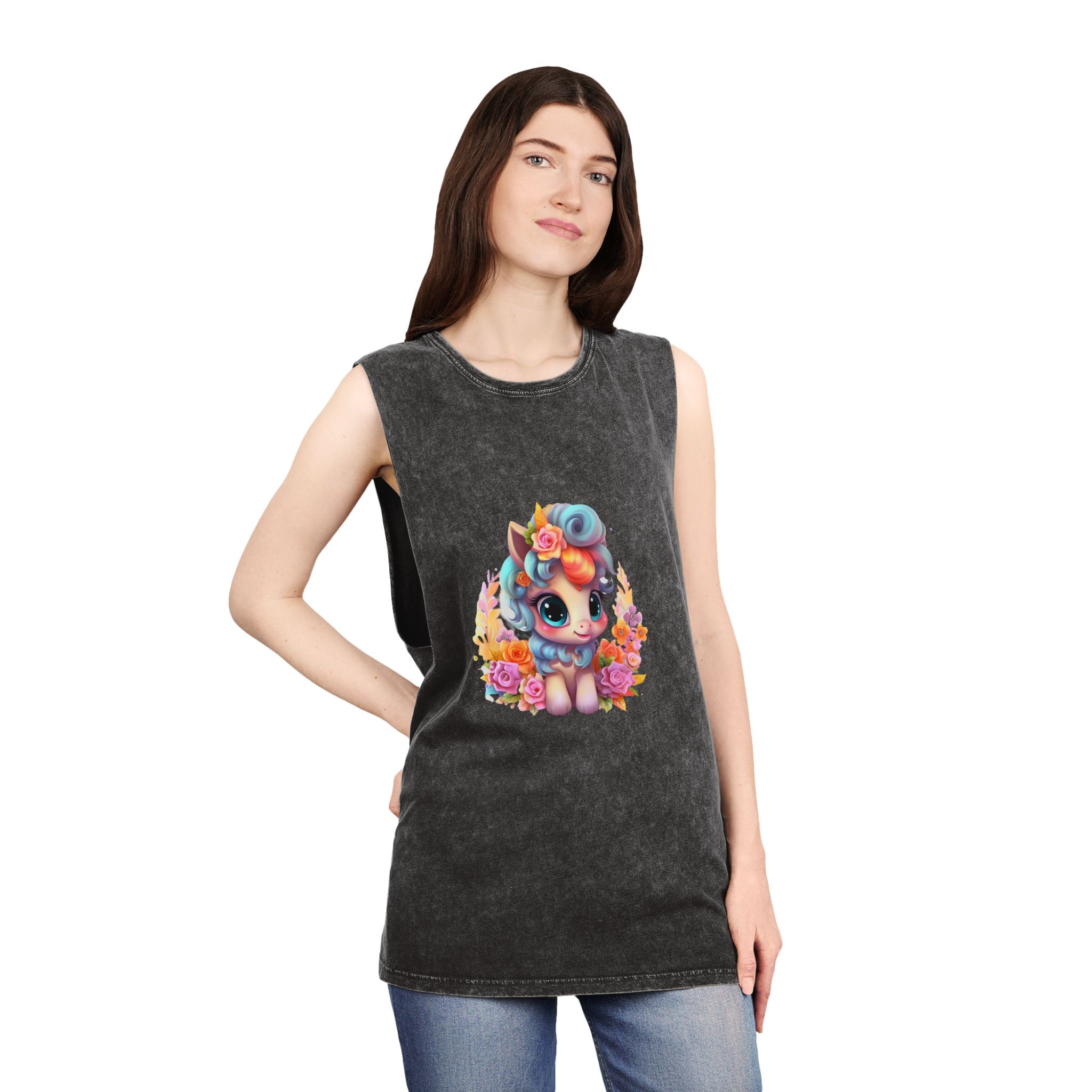 Flower Unicorn Unisex Stonewash Tank Top - Image 4