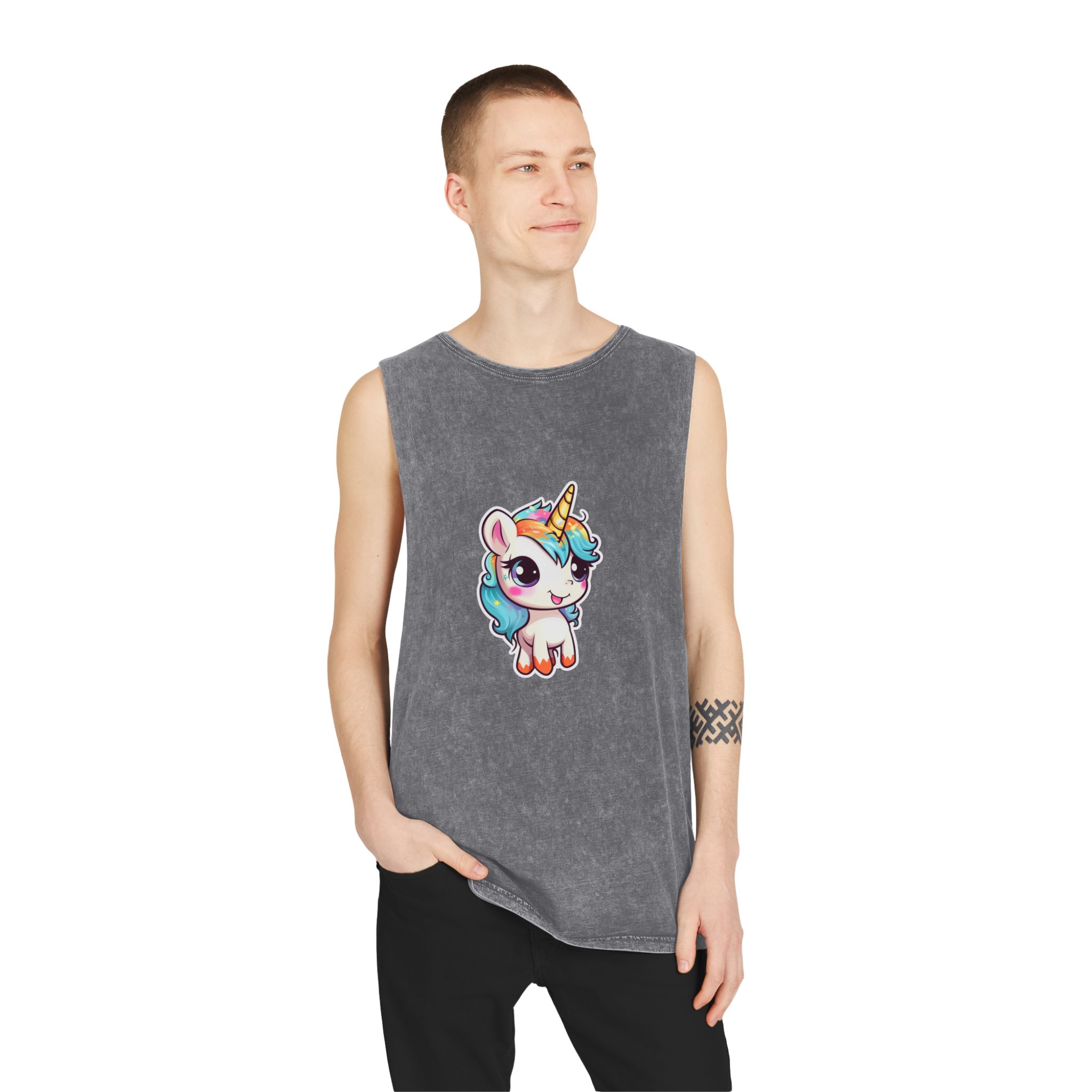 Sticker Unicorn With Rainbow Mane Blue Eyes Unisex Stonewash Tank Top - Image 11