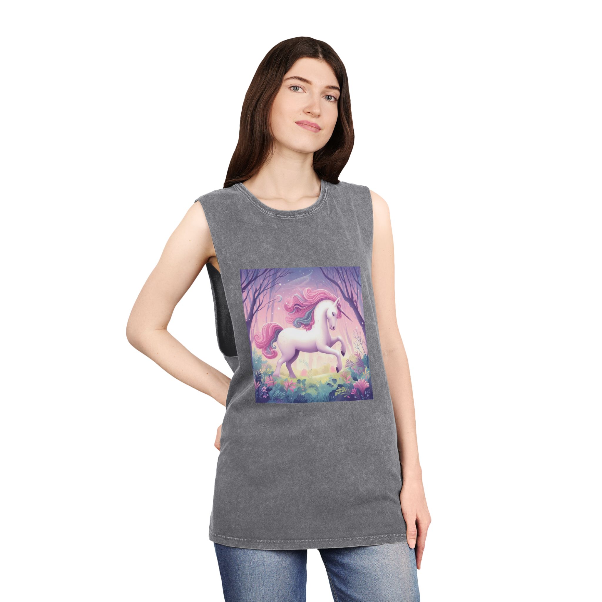 Beautiful Unicorn Running Magical Meadow Unicorn Background Images Whimsical Unicorn (25) Unisex Stonewash Tank Top - Image 12