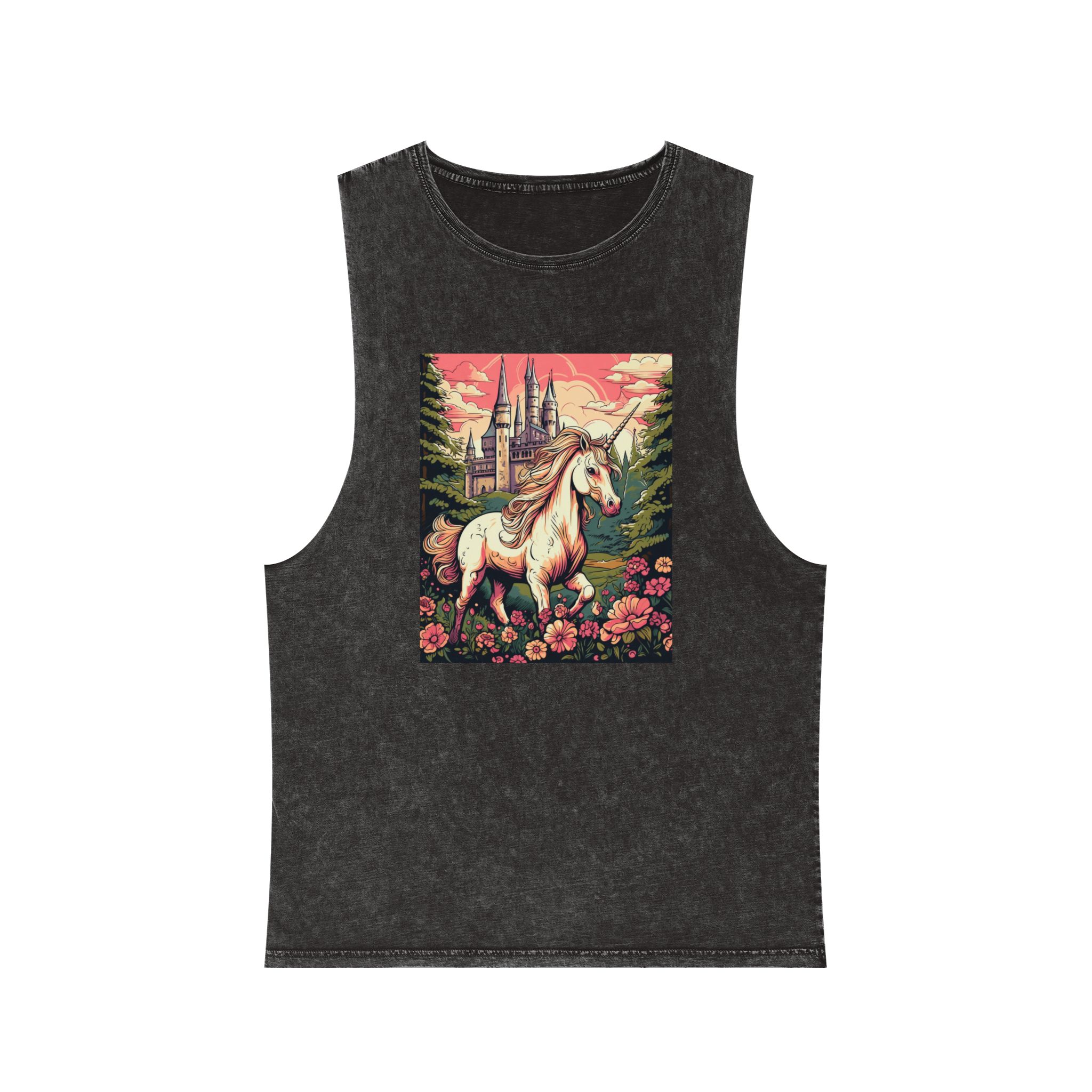 Unicorn Front Castle With Flowers Trees Generative Ai Unisex Stonewash Tank Top