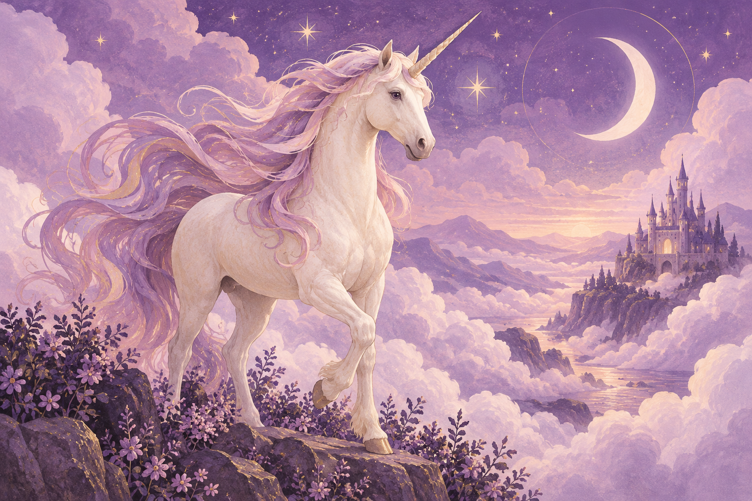 elegant cream unicorn with flowing pastel mane among lilac clouds and stars, sophisticated storybook illustration, no text